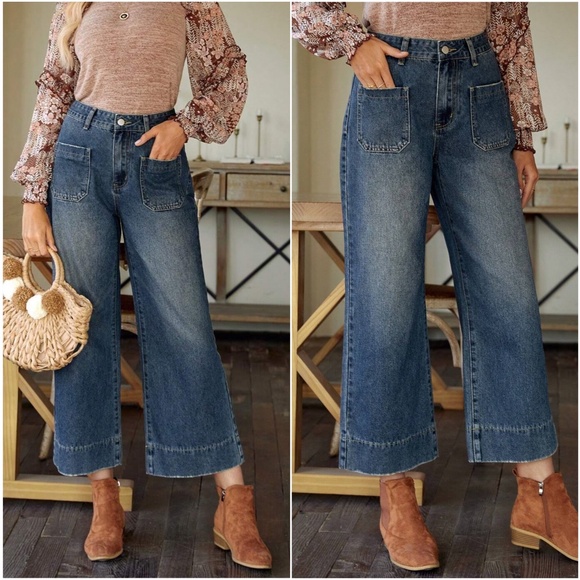 Vintage Wash Dark Wash Cropped Pockets Denim Jeans - Picture 3 of 3